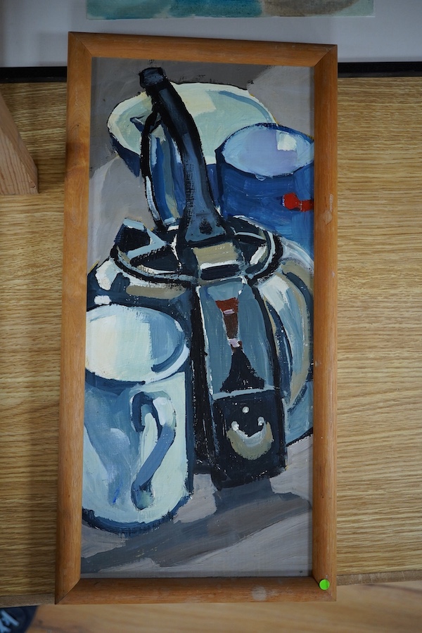 A collection of six oils and mixed medias to include: Phil Tyler, Head studies, watercolour Portrait of a terrier and Still life of vessels, largest 42 x 18cm. Condition - good